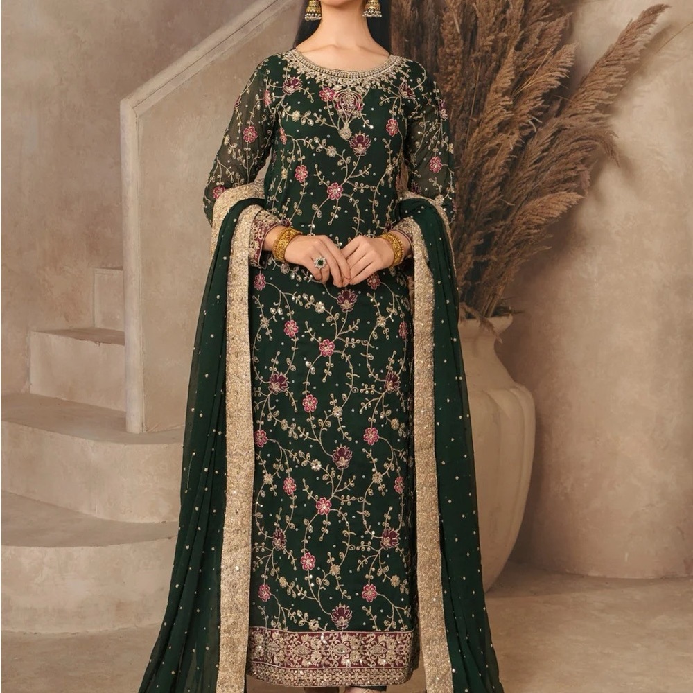 Pakistani Elegant Floral Embroidered Green Dress